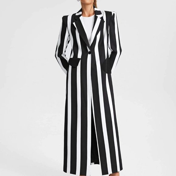 Black & White Boho Womens Striped Print Pocket Patched Longline Blazer - Picture 5 of 5